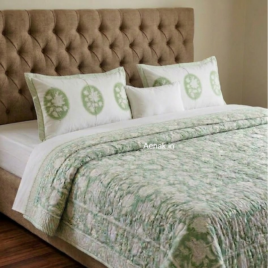 Green Garden Handblock Bedsheet + Quilted Bedcover Combo Set