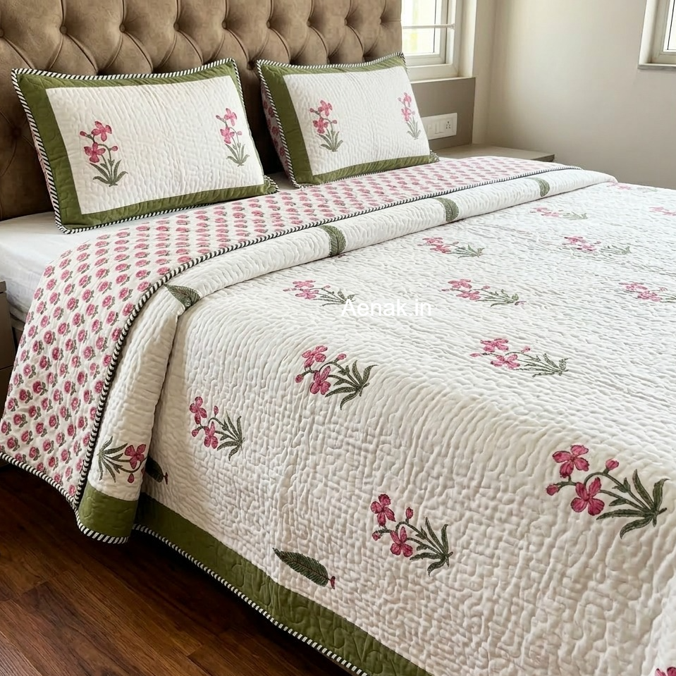 Pink Madhumati Handblock Bedsheet + Quilted Bedcover Combo Set