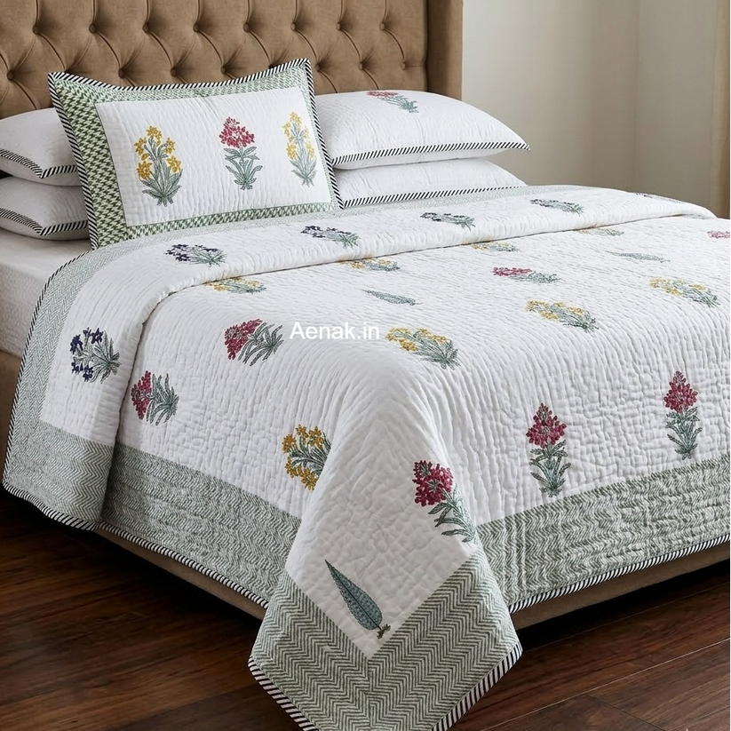 Madhumati Handblock Reversible Quilted Bedcover Set – Aenak
