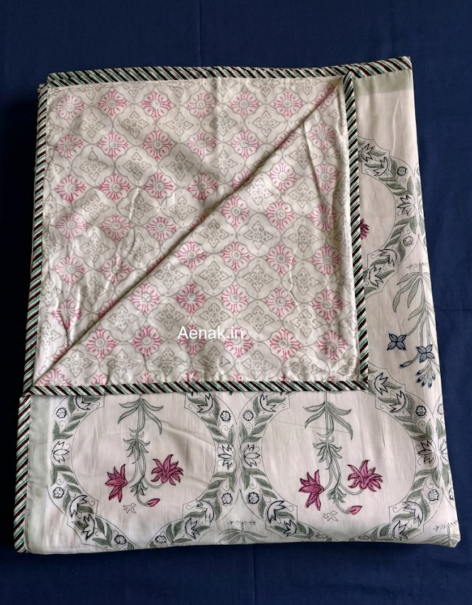 Pink Blue Floral Jaal Handblock Bedsheet + Dohar Combo Set