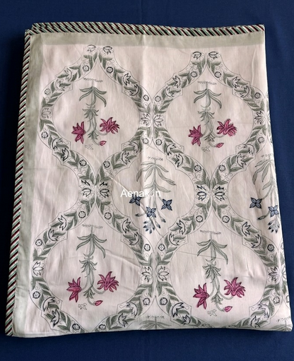 Pink Blue Floral Jaal Handblock Bedsheet + Dohar Combo Set