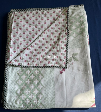 Pink Blue Palm Handblock Bedsheet + Dohar Combo Set