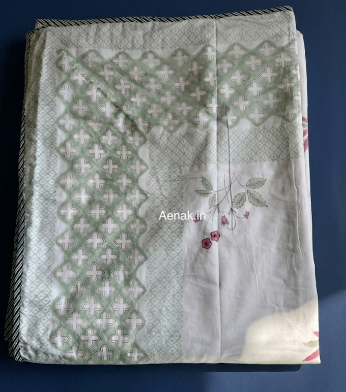 Pink Blue Palm Handblock Bedsheet + Dohar Combo Set