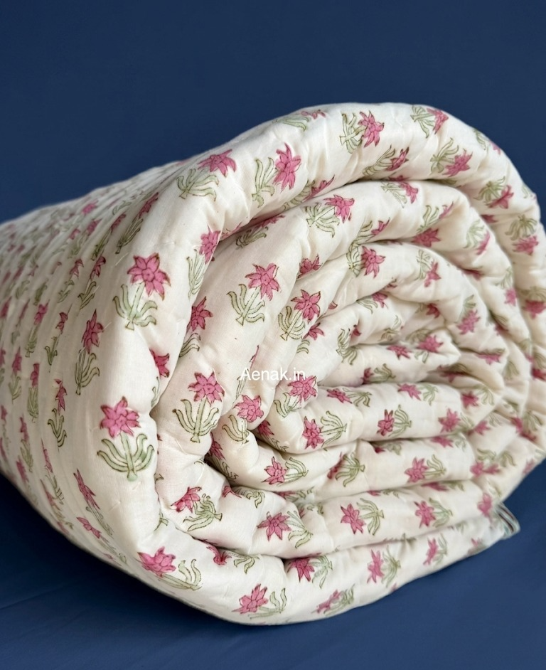 Pink Blue Palm Handblock Reversible Mulmul Cotton Quilt