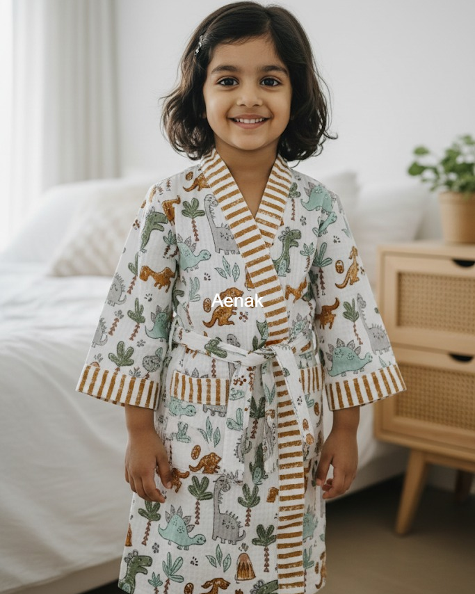 Dinosaur Printed Handblock Cotton Bathrobe Set