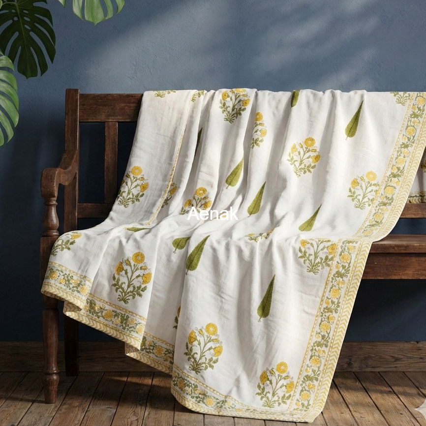 Yellow Marigold Handblock Mulmul Cotton Reversible Dohar