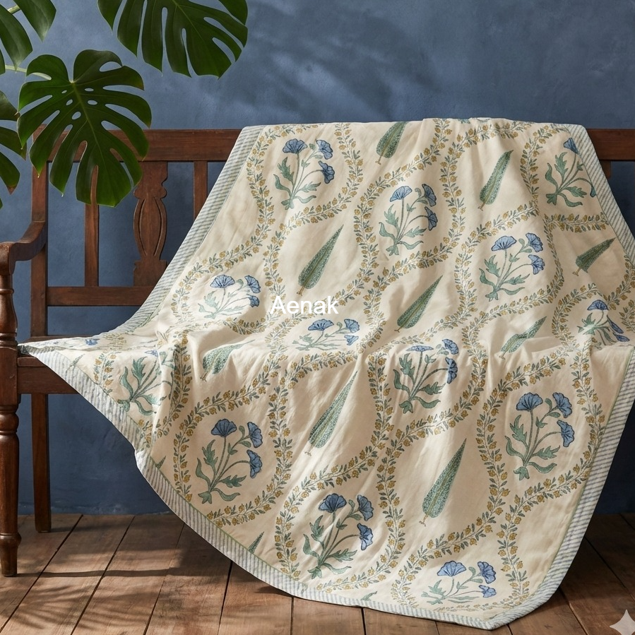 Blue Poppy Jaal Handblock Mulmul Cotton Reversible Dohar (Beige Base)