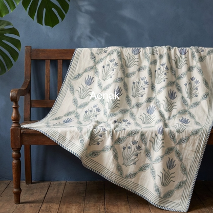 Blue Lotus Handblock Mulmul Cotton Reversible Dohar