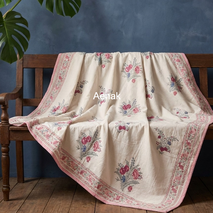 Burgundy Anaar Handblock Mulmul Cotton Reversible Dohar (Beige Base)