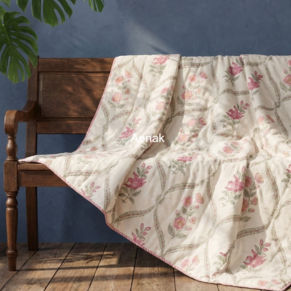 Pink Periwinkle Handblock Mulmul Cotton Reversible Dohar
