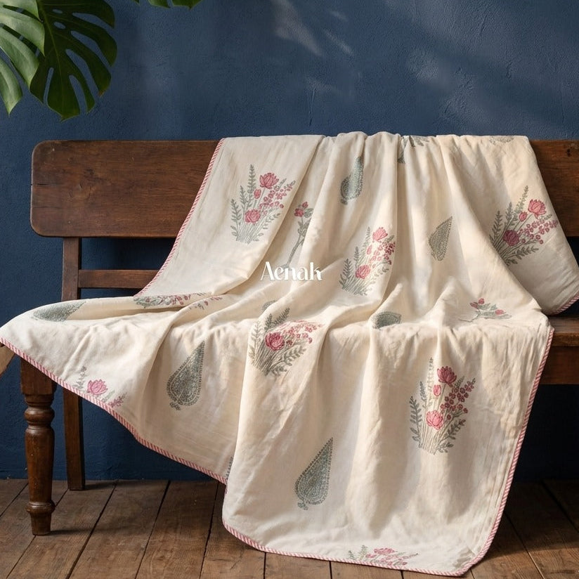 Green Ashoka Handblock Mulmul Cotton Reversible Dohar (Beige Base)