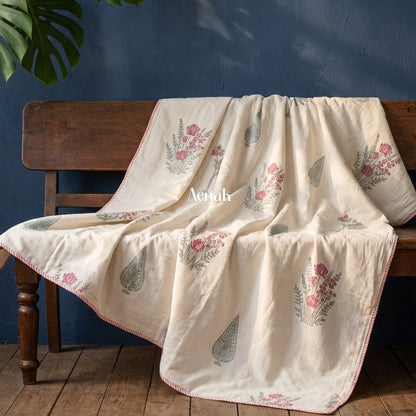 Green Ashoka Handblock Mulmul Cotton Reversible Dohar (Beige Base)