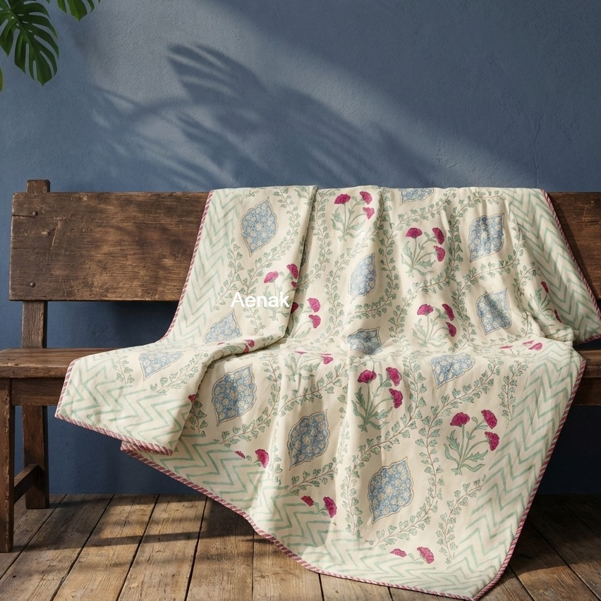 Pink Poppy Jaal Handblock Mulmul Cotton Reversible Dohar (Non-White)