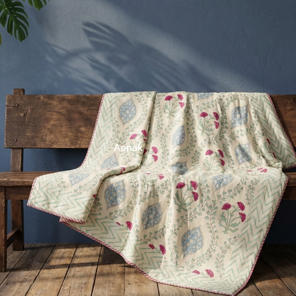 Pink Poppy Jaal Handblock Mulmul Cotton Reversible Dohar (Non-White)