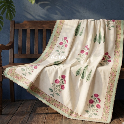 Magenta Floral Garden Handblock Mulmul Cotton Reversible Dohar (Ivory Base)
