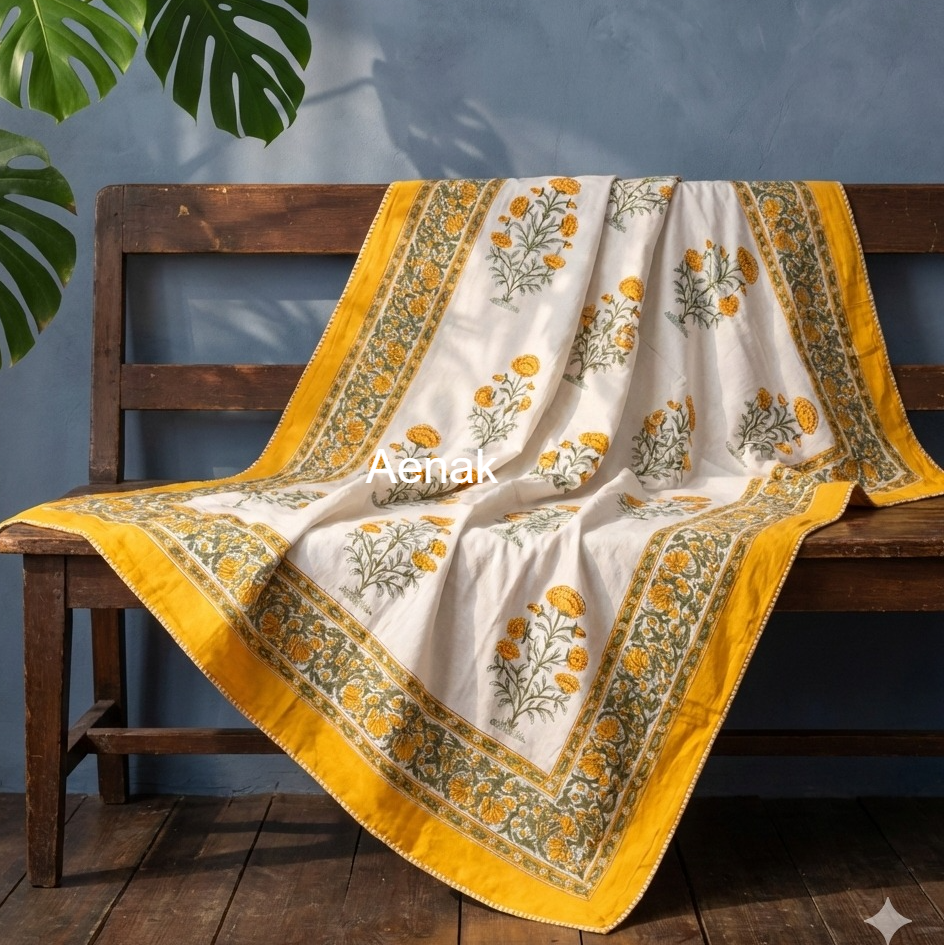 Turmeric Yellow Marigold Handblock Mulmul Cotton Reversible Dohar