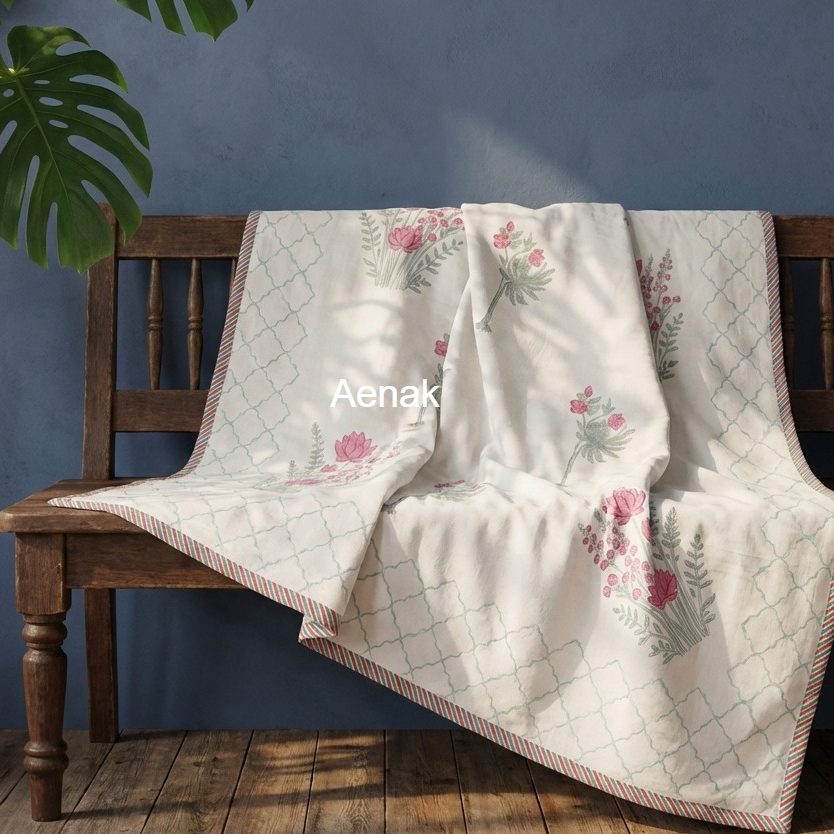 Green Ashoka Handblock Mulmul Cotton Reversible Dohar