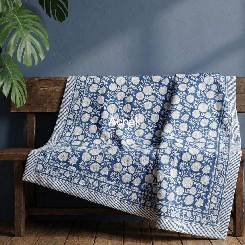 Blue Floral Garden Handblock Mulmul Cotton Reversible Dohar