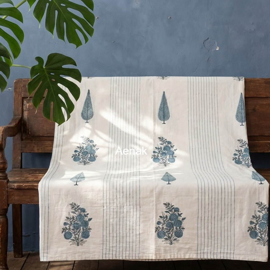 Blue Phool Boota Handblock Mulmul Cotton Reversible Dohar