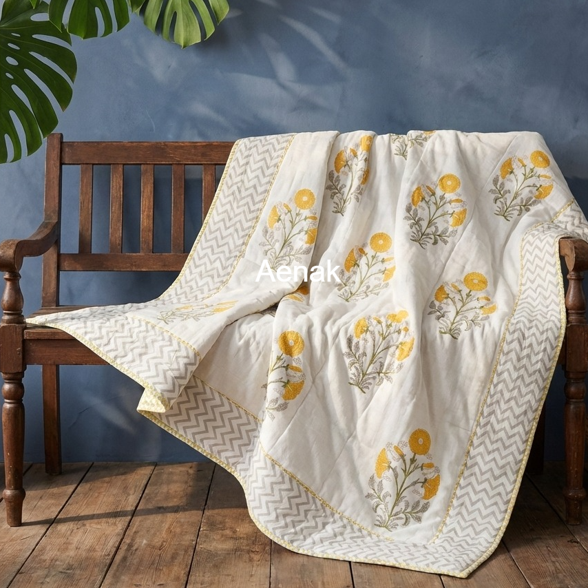 Yellow Dahlia Garden Handblock Mulmul Cotton Reversible Dohar