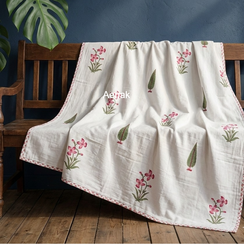 Pink Madhumati Handblock Bedsheet + Dohar Combo Set