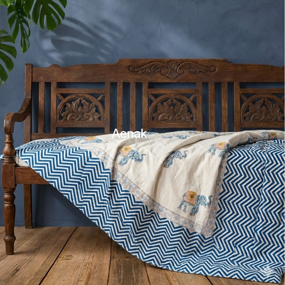 Blue Elephant Chevron Handblock Mulmul Cotton Reversible Dohar
