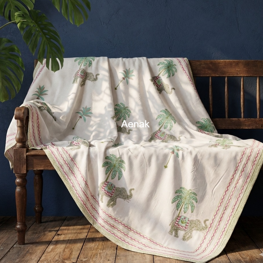 Grey Elephant Handblock Mulmul Cotton Reversible Dohar