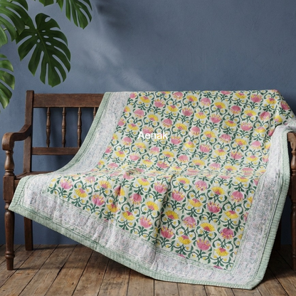 Pink & Yellow Lotus Handblock Mulmul Cotton Reversible Dohar