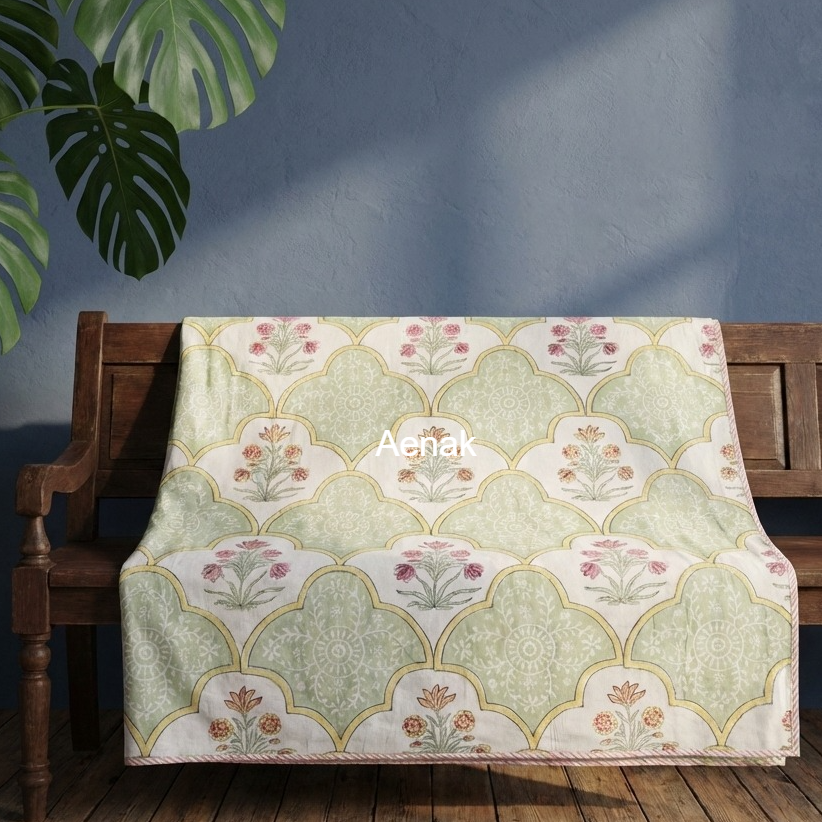 Mint Green & Yellow Handblock Mulmul Cotton Reversible Dohar