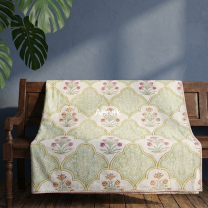 Mint Green & Yellow Handblock Mulmul Cotton Reversible Dohar