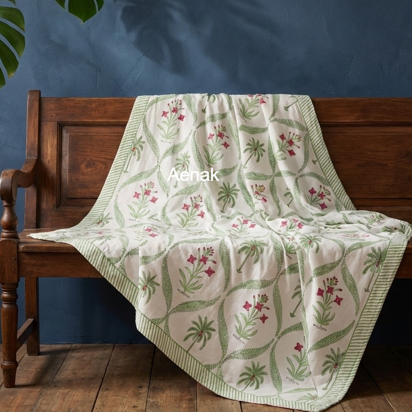 Green Palm Handblock Mulmul Cotton Reversible Dohar