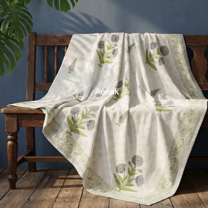 Blue Dahlia Handblock Mulmul Cotton Reversible Dohar