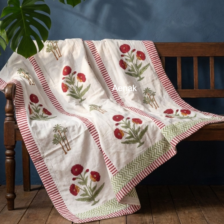 Red Dahlia Handblock Mulmul Cotton Reversible Dohar