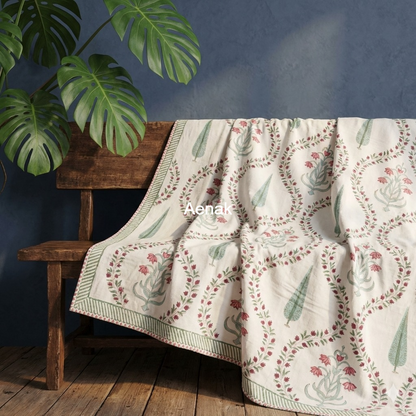 Teal Green Cypress Handblock Reversible Mulmul Cotton Dohar