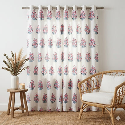 Peach Floral Handblock Curtains