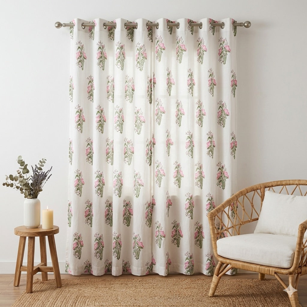 Pink Floral Handblock Curtains