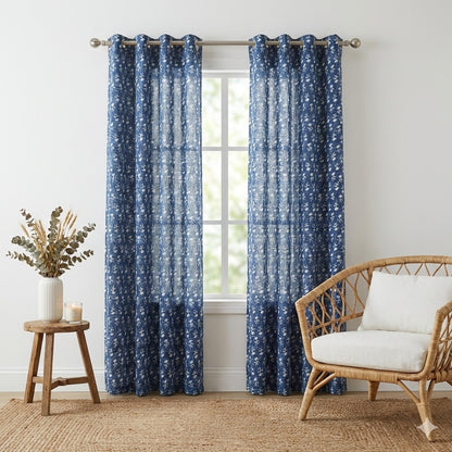 Navy Bloom Handblock Curtains