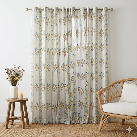 Blue Tiny Floral Handblock Curtains