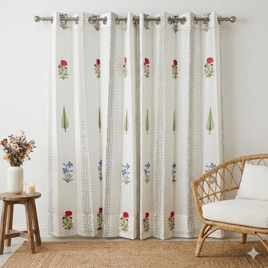 Red Blue Cypress Handblock Curtains