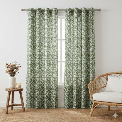 White Floral Garden Handblock Curtains