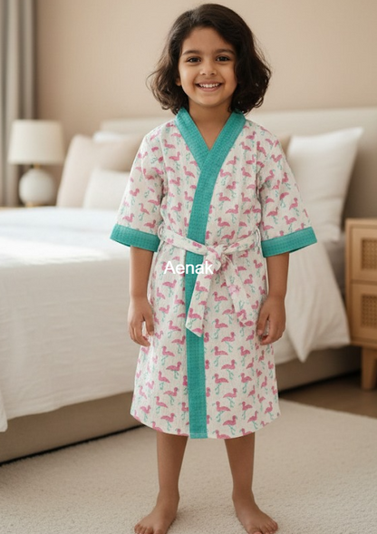 Pink Flamingo Handblock Cotton Bathrobe Set