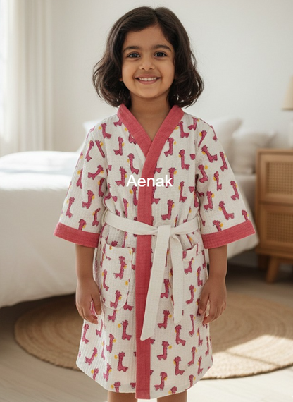 Pink Giraffe Handblock Cotton Bathrobe Set
