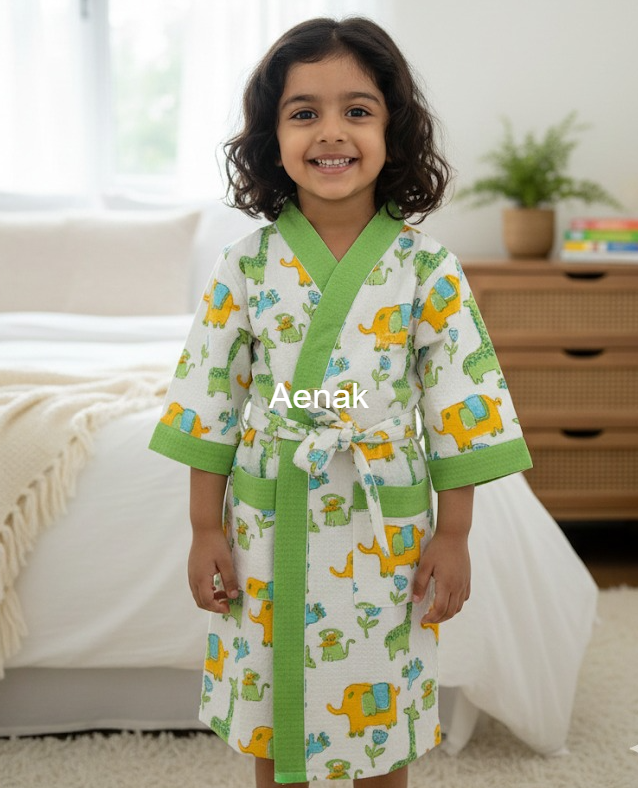 Yellow Elephant Handblock Cotton Bathrobe Set