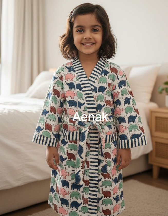 Little Haathi Handblock Cotton Bathrobe Set