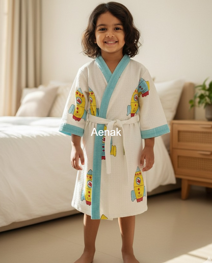 Yellow & Blue Rocket Handblock Cotton Bathrobe