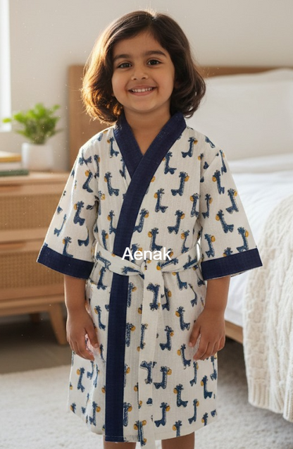 Blue Dinosaur Handblock Cotton Bathrobe