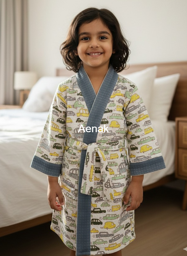 Tiny Cars Handblock Cotton Bathrobe