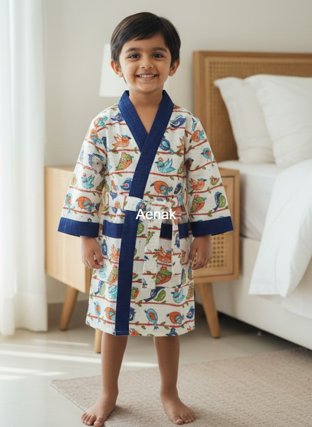The Pakshi Print Handblock Cotton Bathrobe Set