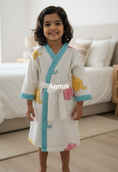Pink & Yellow Elephant Handblock Cotton Bathrobe Set