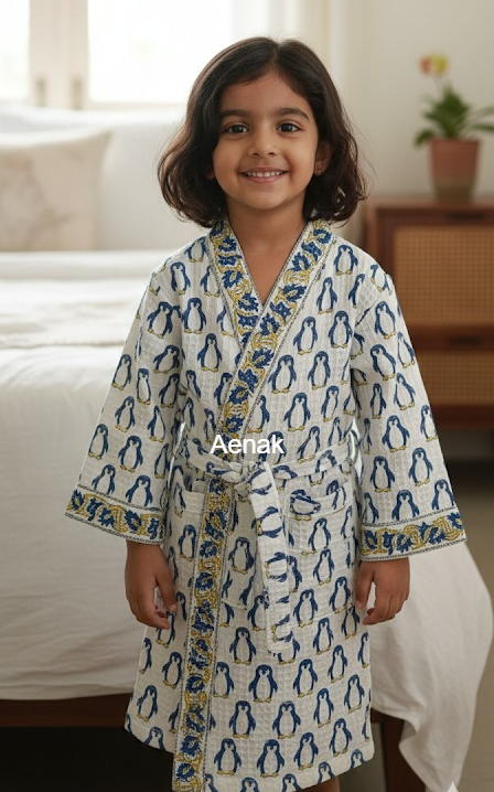 Blue Penguin Handblock Cotton Bathrobe